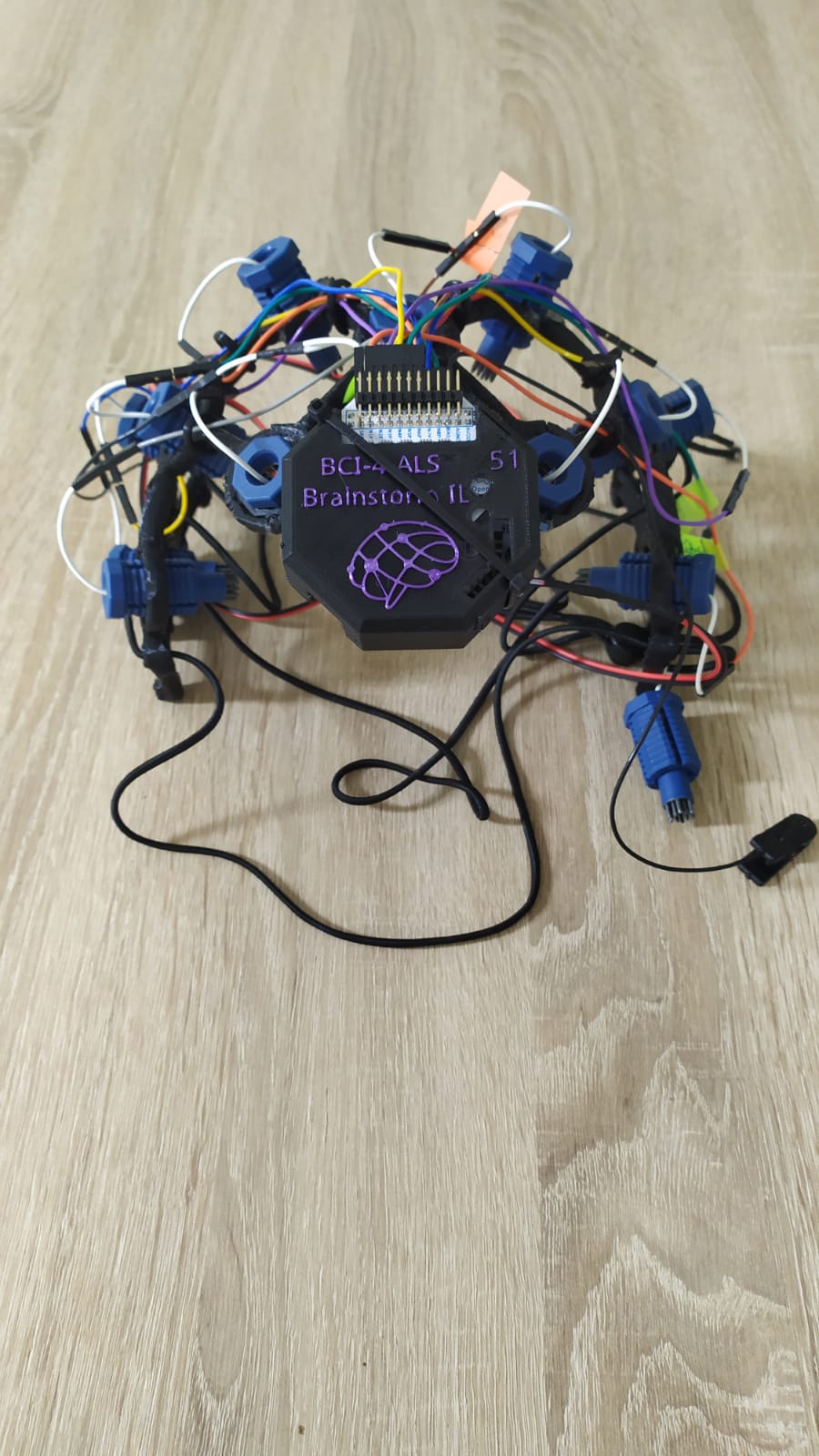 The BCI4ALS wearable EEG hat with electrodes and OpenBCI electronics