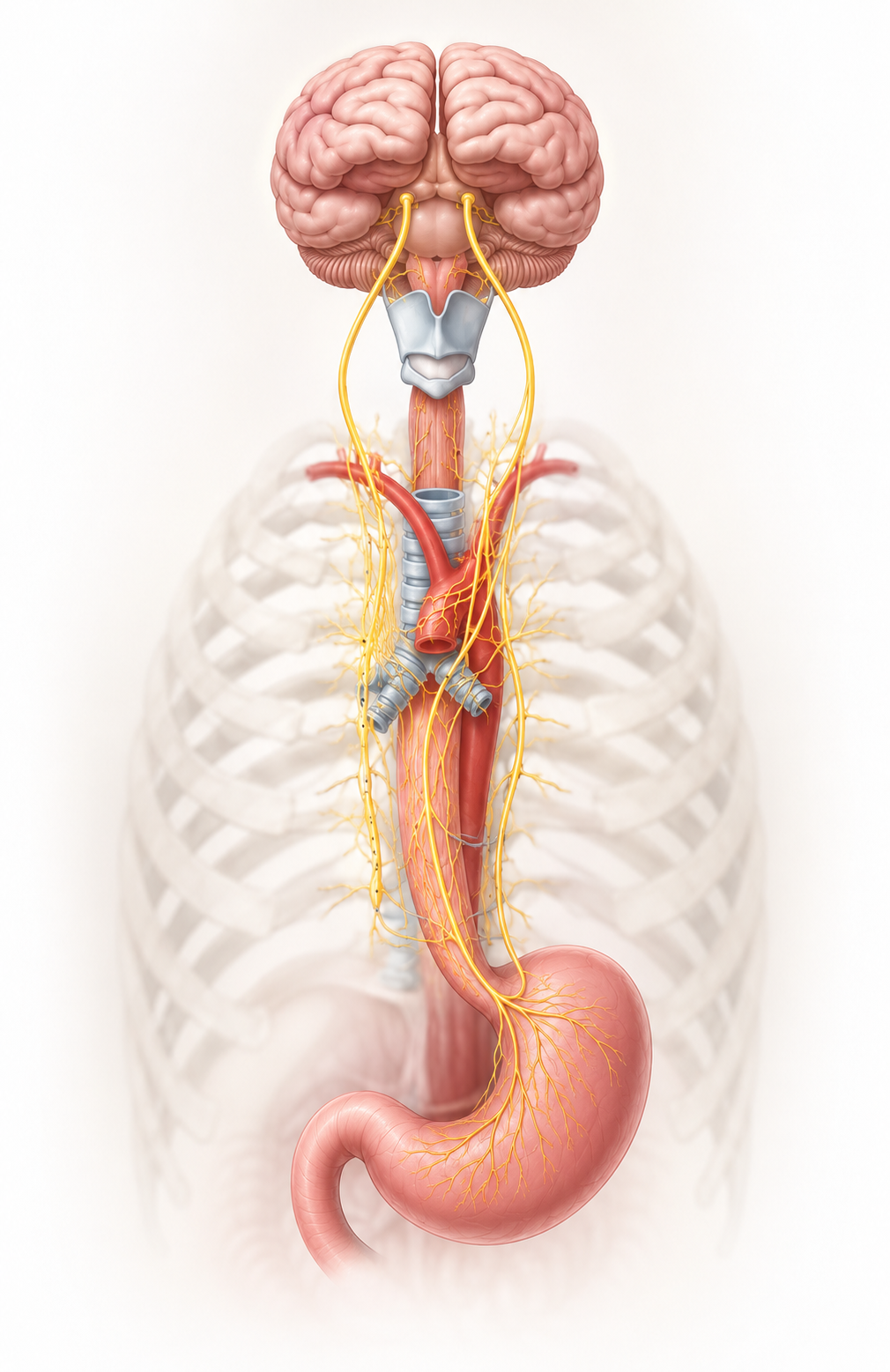 Illustration showing the stomach, vagus nerve, and brain
